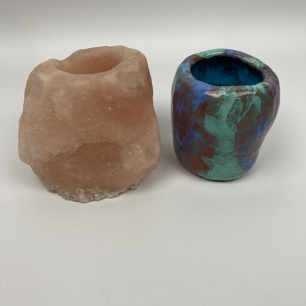 Lot of 2 Candle Incense Holder Himalayan Salt Handmade Ceramic Votive Tea Light